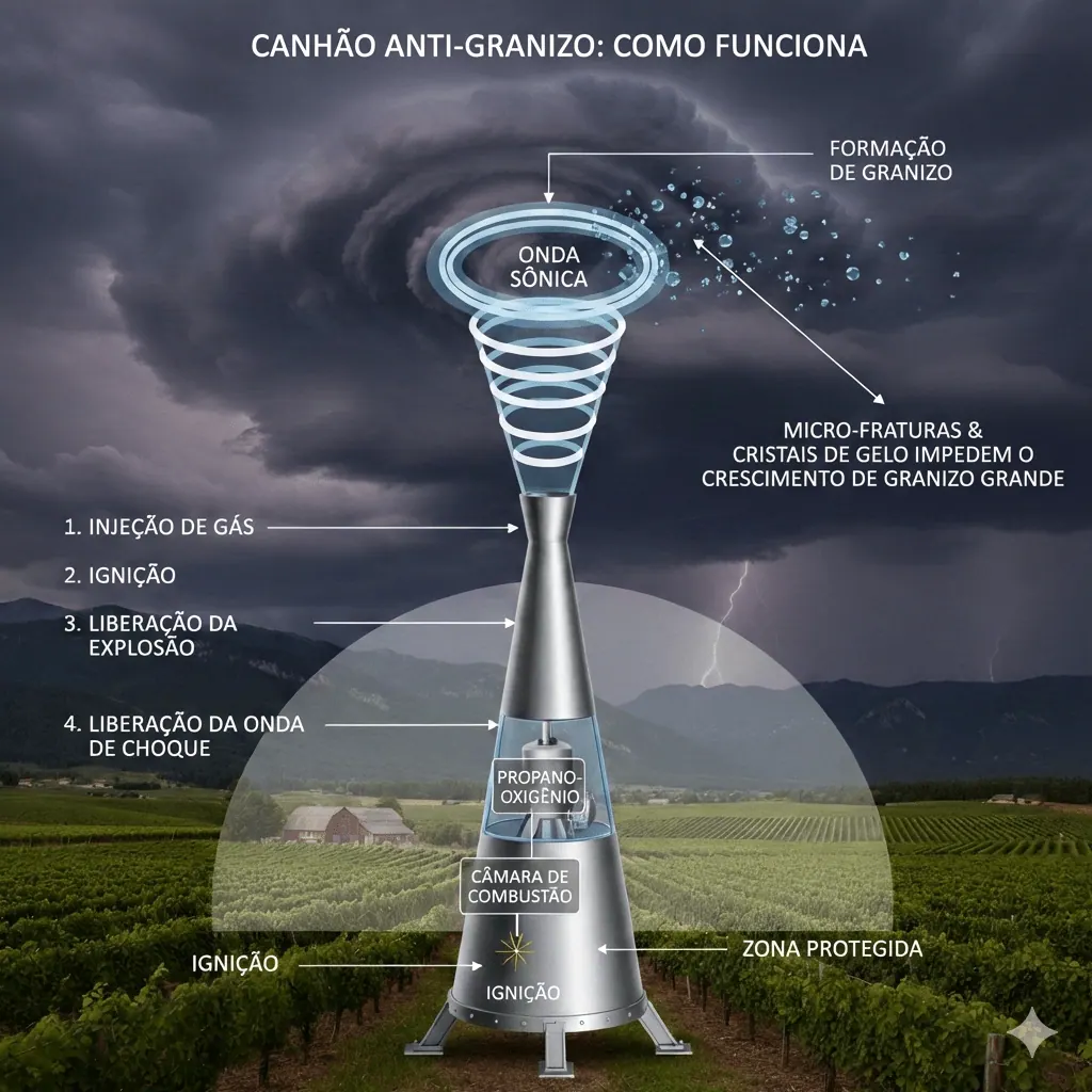 Infográfico do funcionamento do canhão anti-granizo, da injeção de gás à onda de choque sobre a nuvem